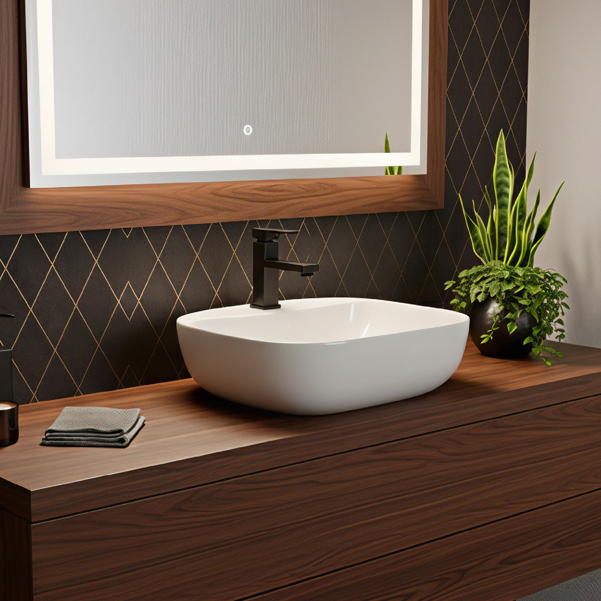 Combo Lavamanos Sobreponer + Griferia Mezclador Negro C1177 Blanco Brillante