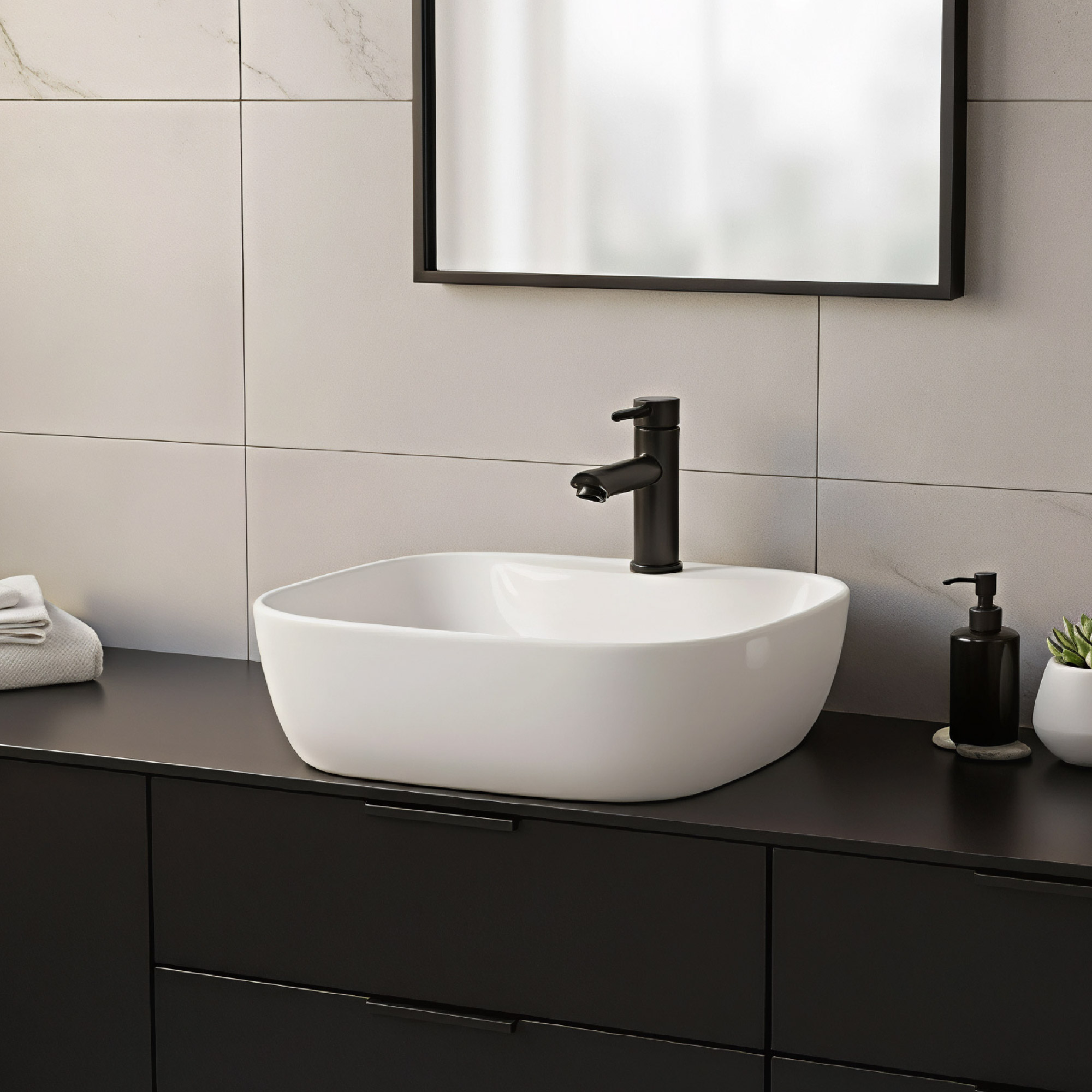 Combo Lavamanos Sobreponer + Griferia Mezclador Negro C1175 Blanco Brillante