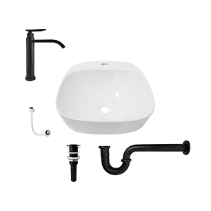 Combo Lavamanos Sobreponer + Griferia Agua Fria Negro C1180 Blanco Brillante