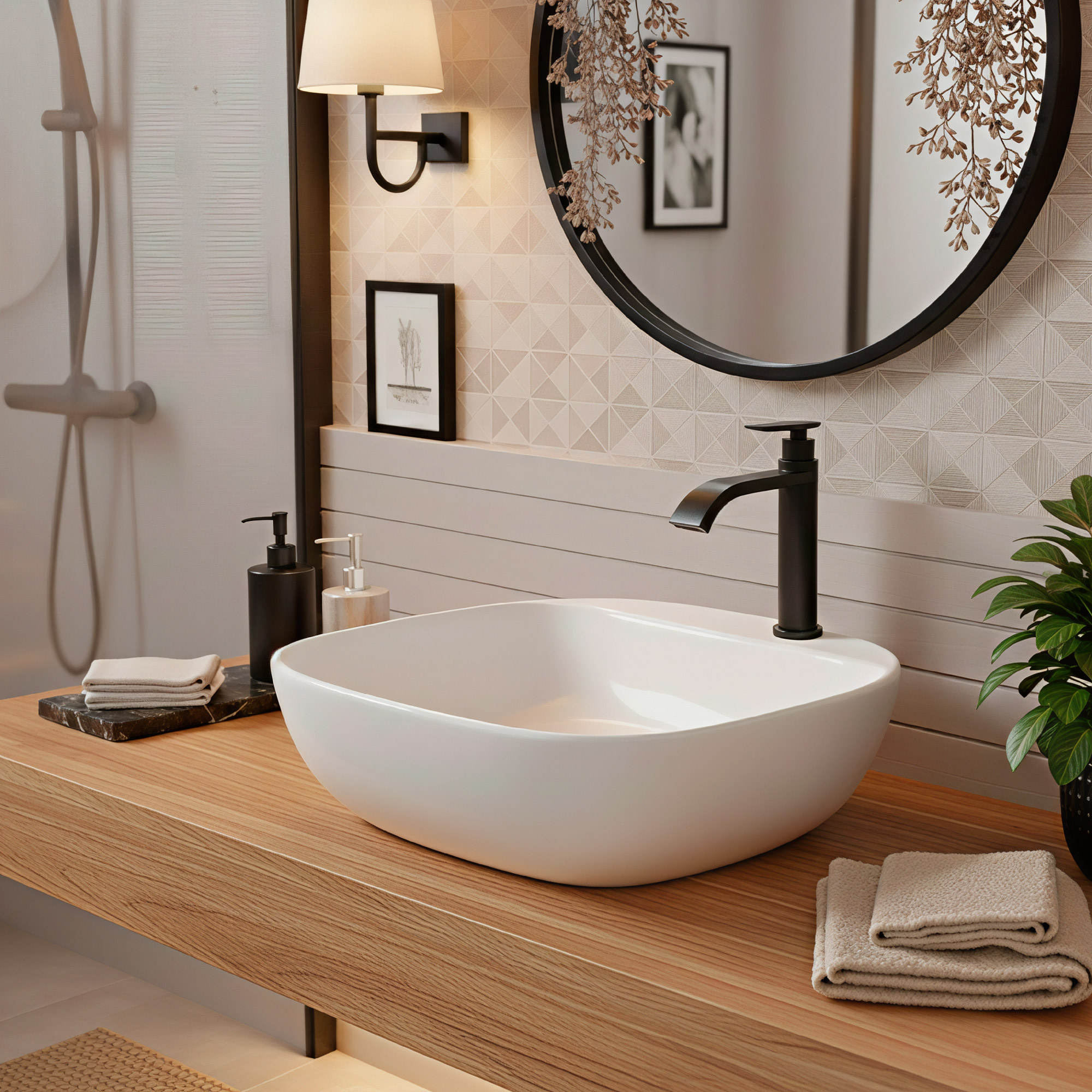 Combo Lavamanos Sobreponer + Griferia Agua Fria Negro C1180 Blanco Brillante