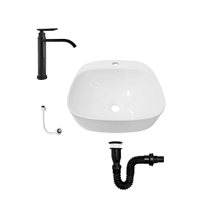 Combo Lavamanos Sobreponer + Griferia Agua Fria Negro C1181 Blanco Brillante