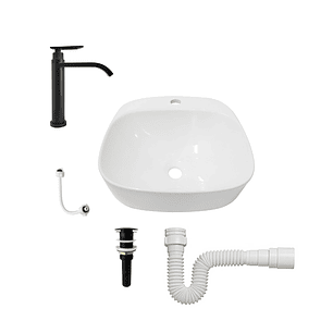 Combo Lavamanos Sobreponer + Griferia Agua Fria Negro C1182 Blanco Brillante