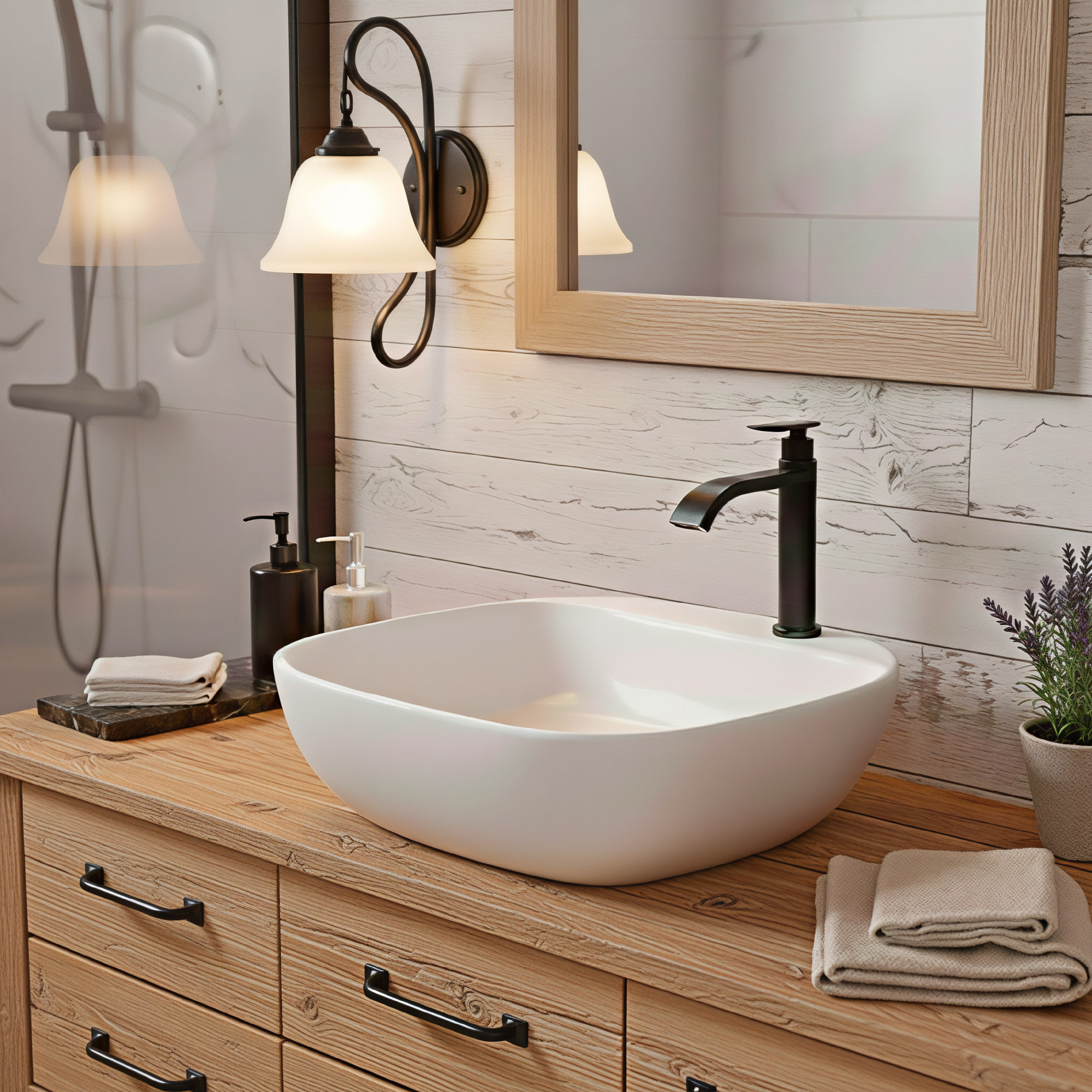 Combo Lavamanos Sobreponer + Griferia Agua Fria Negro C1182 Blanco Brillante