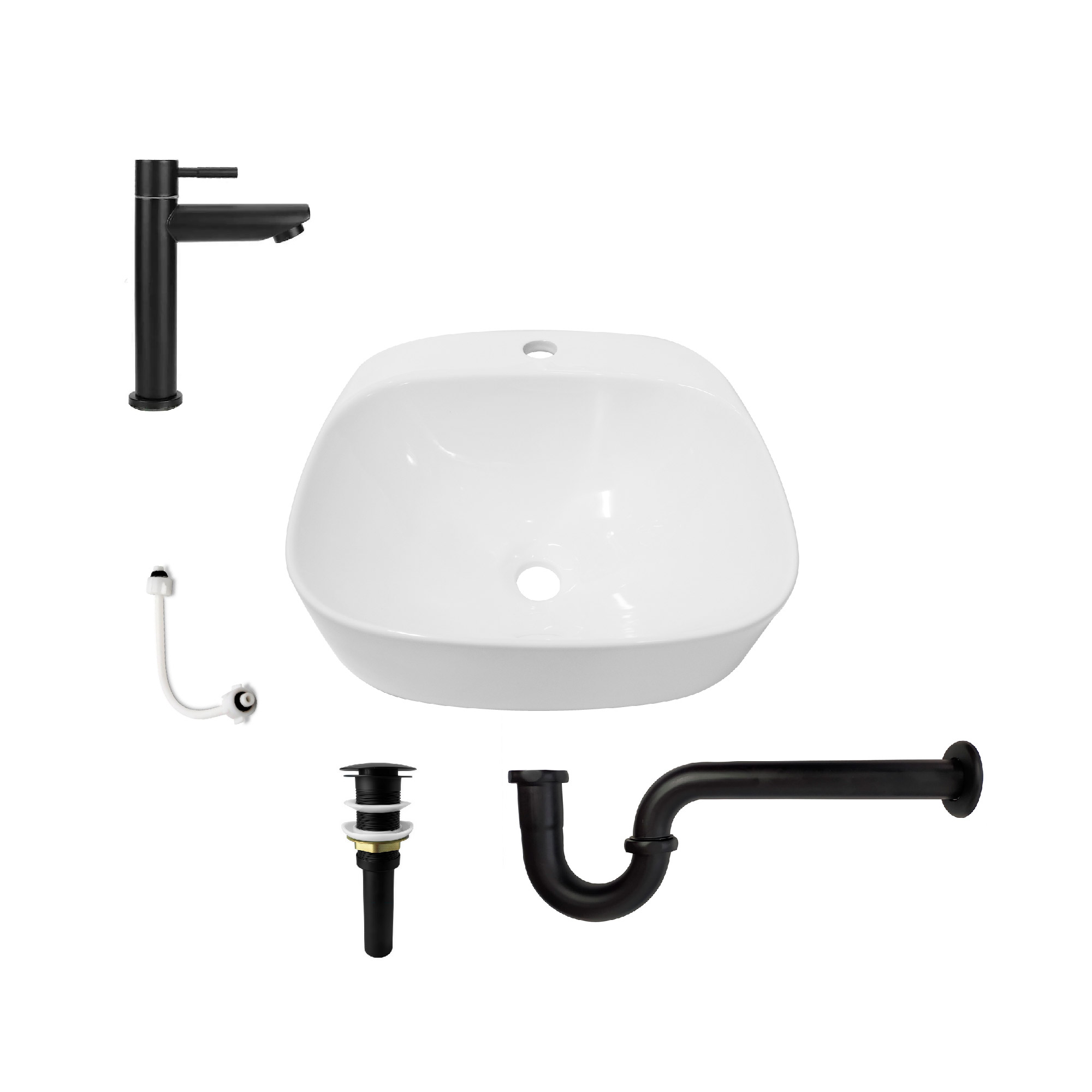 Combo Lavamanos Sobreponer + Griferia Agua Fria Negro C1183 Blanco Brillante