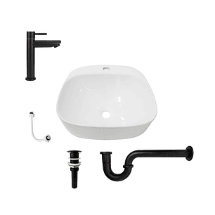 Combo Lavamanos Sobreponer + Griferia Agua Fria Negro C1183 Blanco Brillante