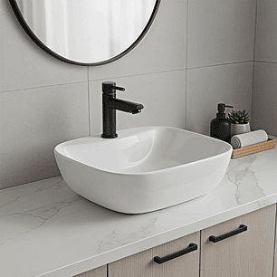 Combo Lavamanos Sobreponer + Griferia Agua Fria Negro C1183 Blanco Brillante