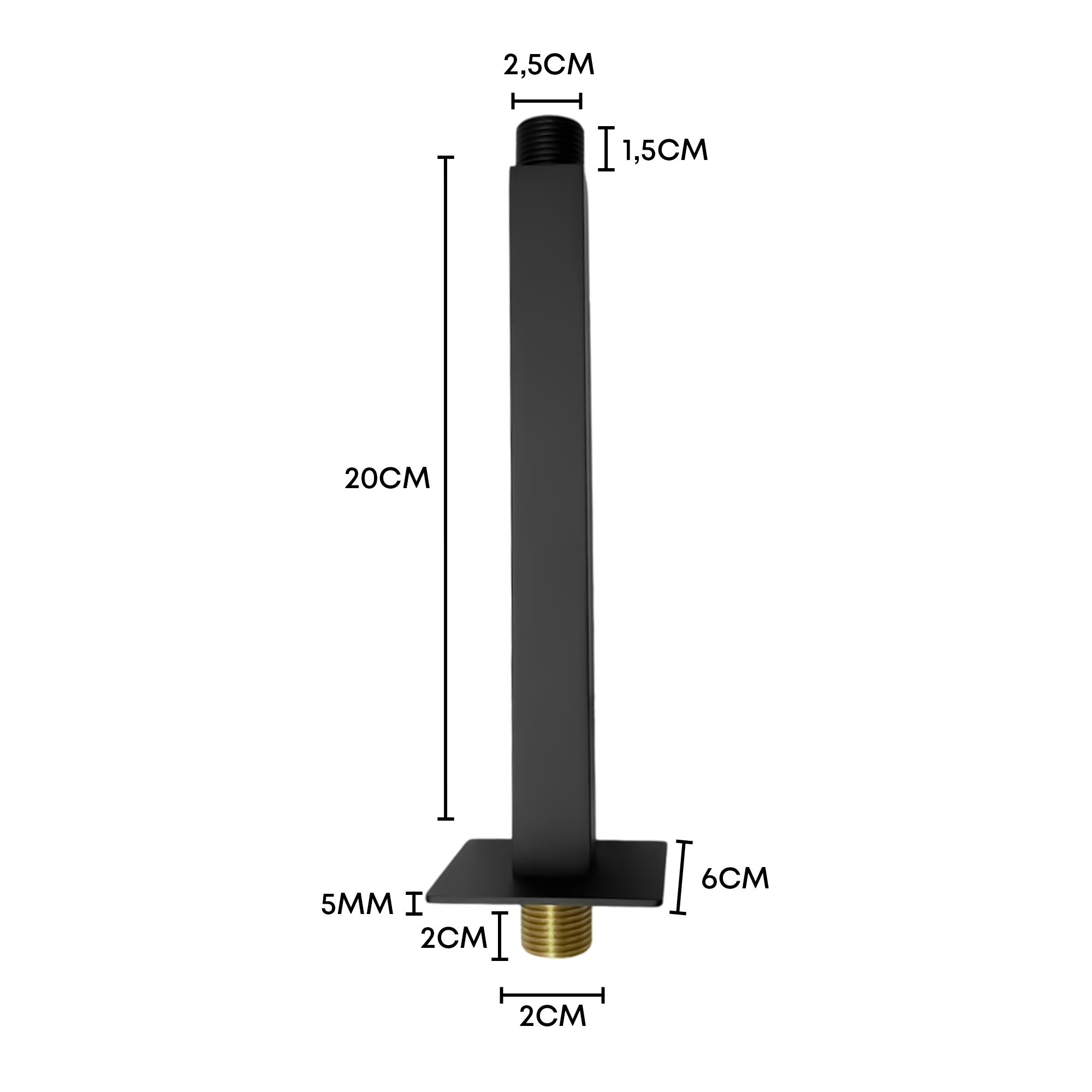 Brazo Tubo Cuadrado Ducha Techo Negro 20cm