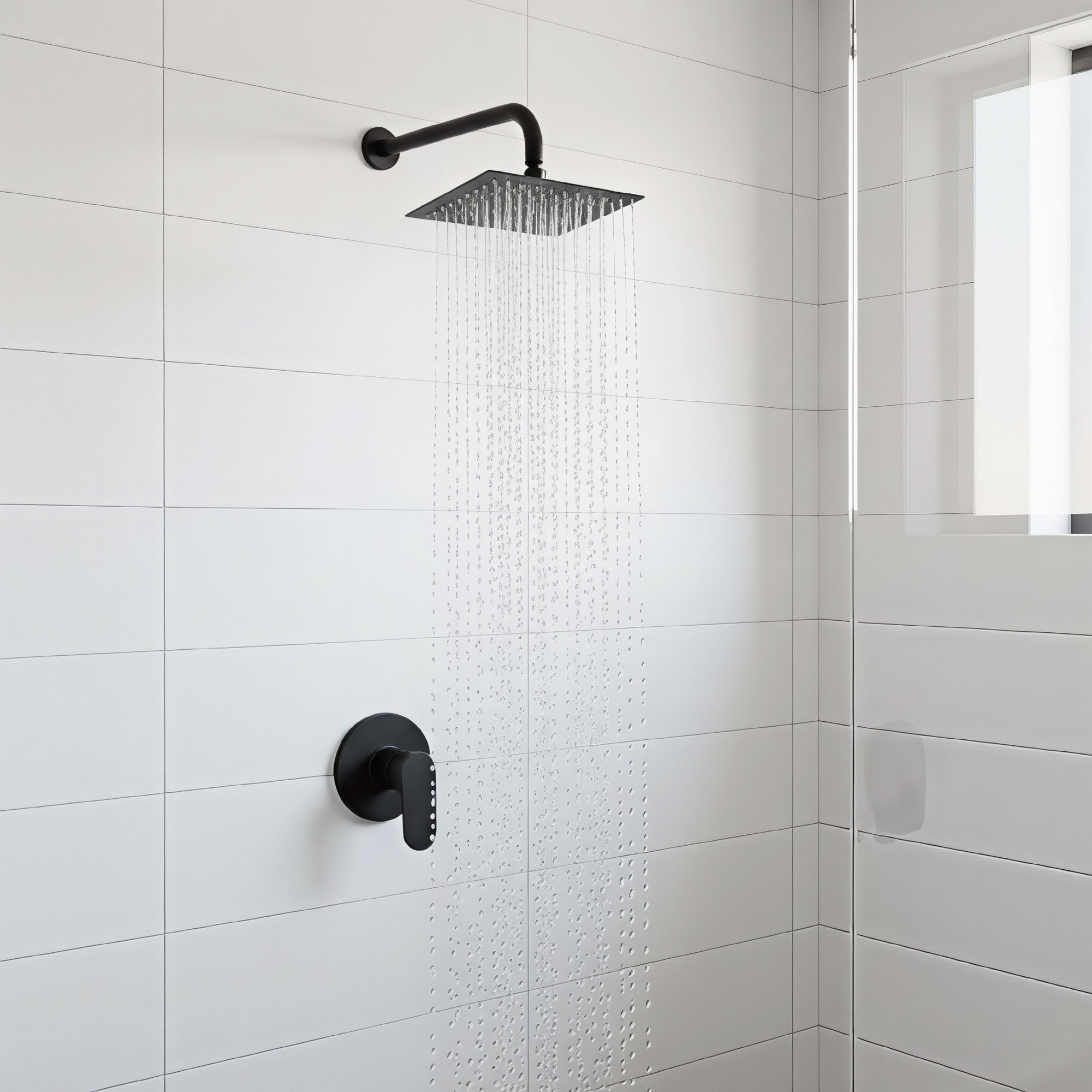 Kit Ducha Cuadrada 20cm + Brazo Cilíndrico Negr  + Mezclador