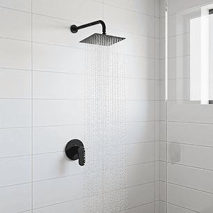 Kit Ducha Cuadrada 20cm + Brazo Cilíndrico Negr  + Mezclador