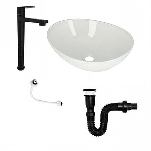 Combo Lavamanos Canoa + Griferia Agua Fria Negra + Push