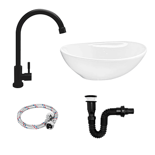 Combo Lavamanos+griferia Agua Fria Negra +push+sifon C931