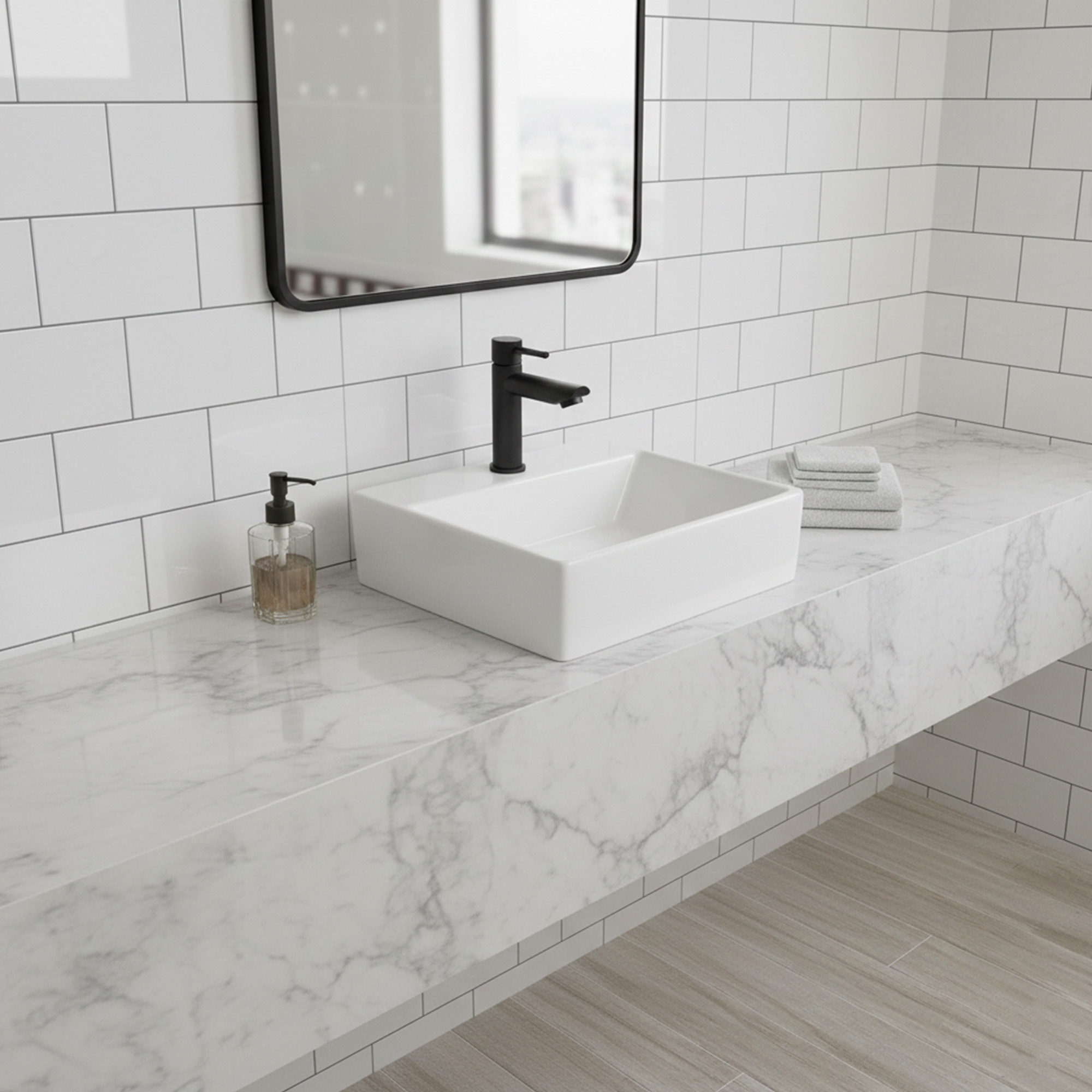 Combo Lavamanos Pequeño Rectangular + Grifería Negra C702