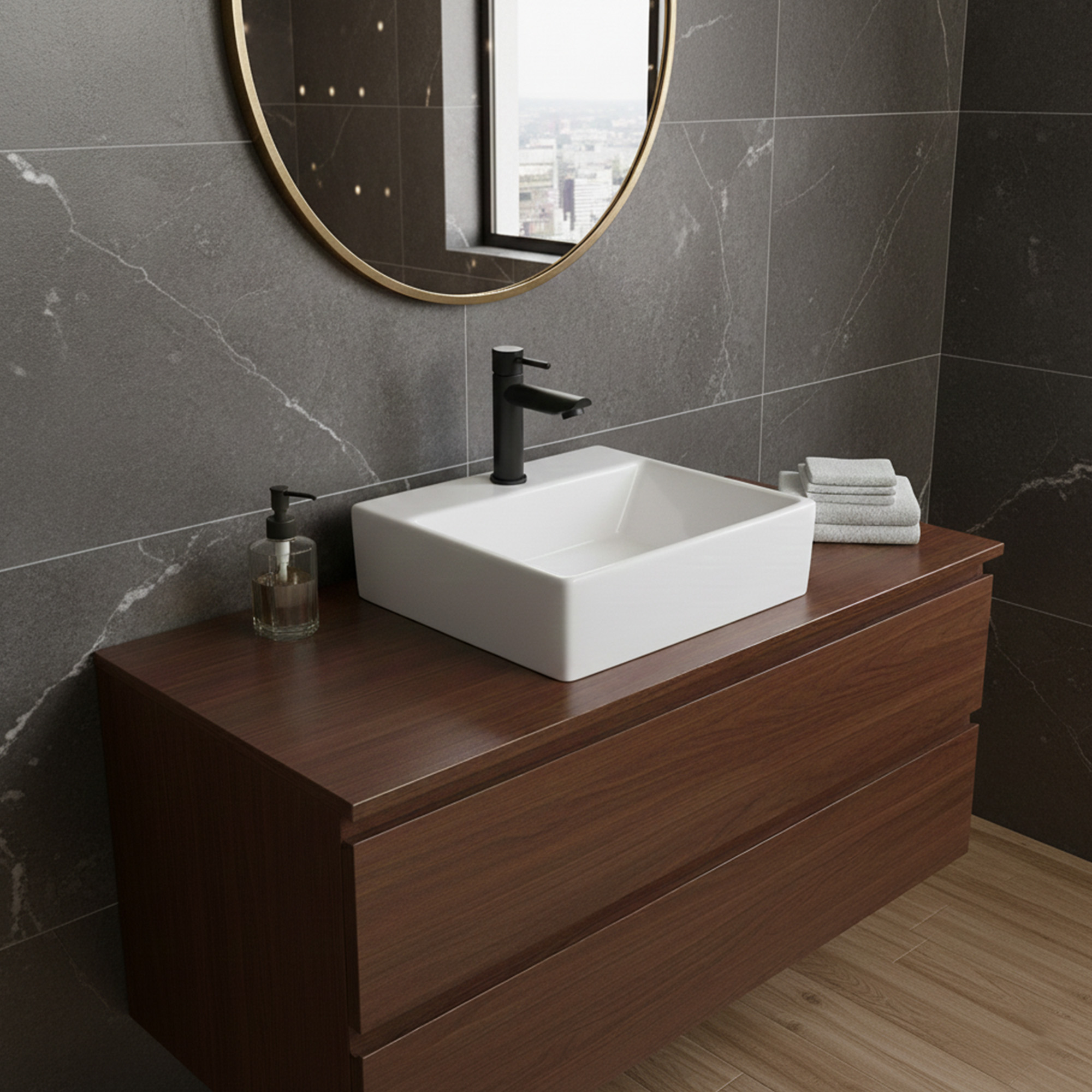 Combo Lavamanos Pequeño Rectangular + Grifería Negra C703