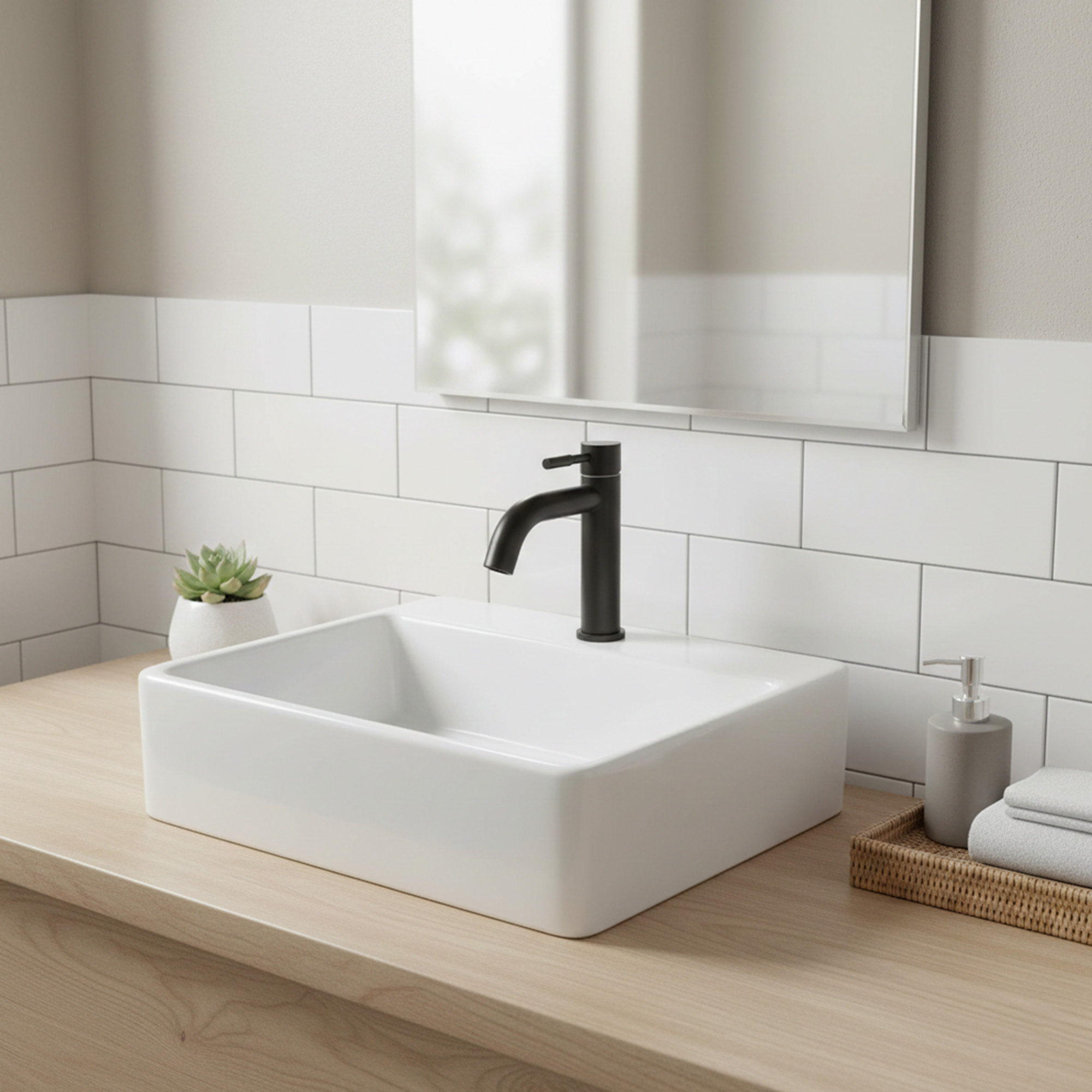 Combo Lavamanos Pequeño Rectangular + Grifería Negra C704