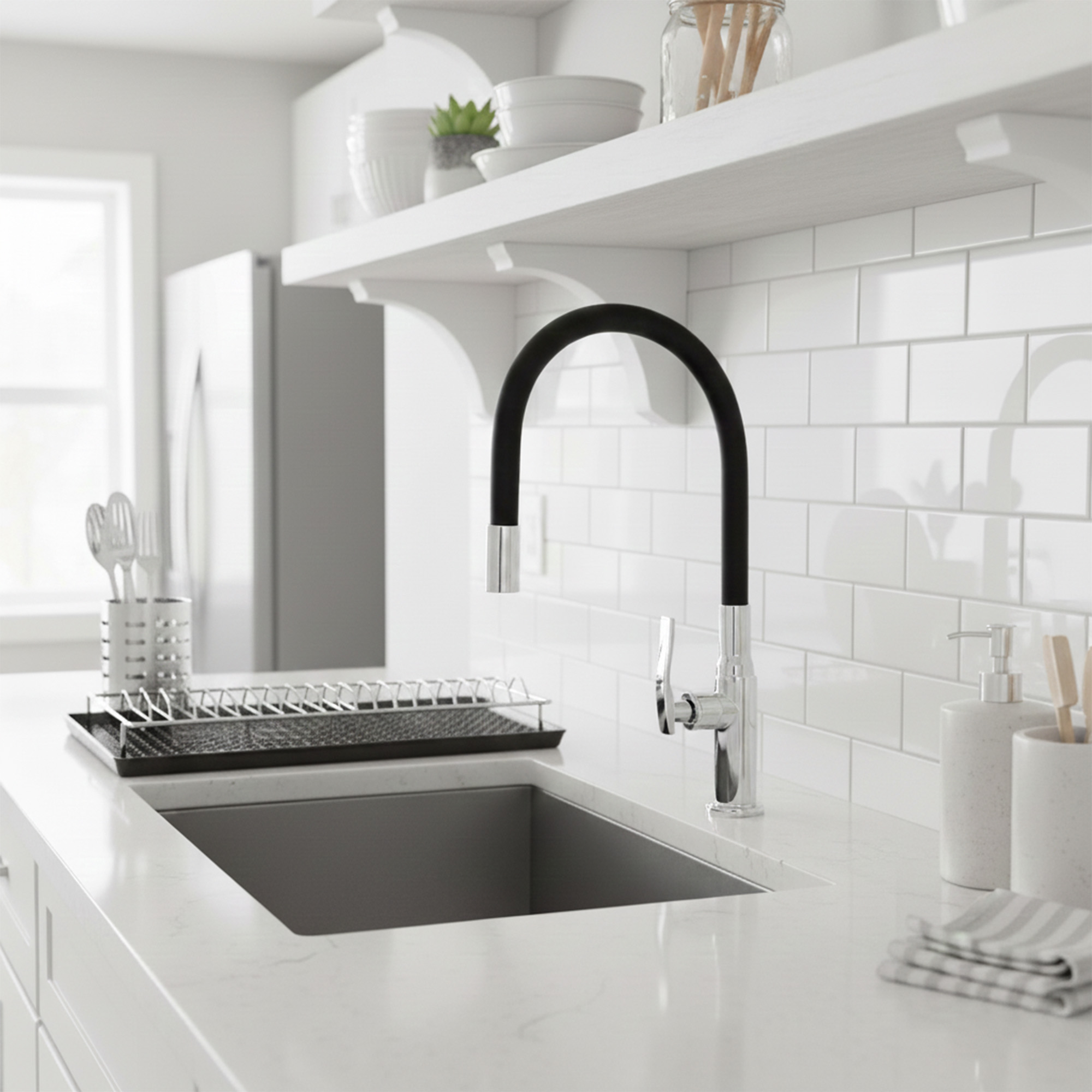 Griferia Lavaplatos Agua Fria Cuello Flexible Manguera Negra 