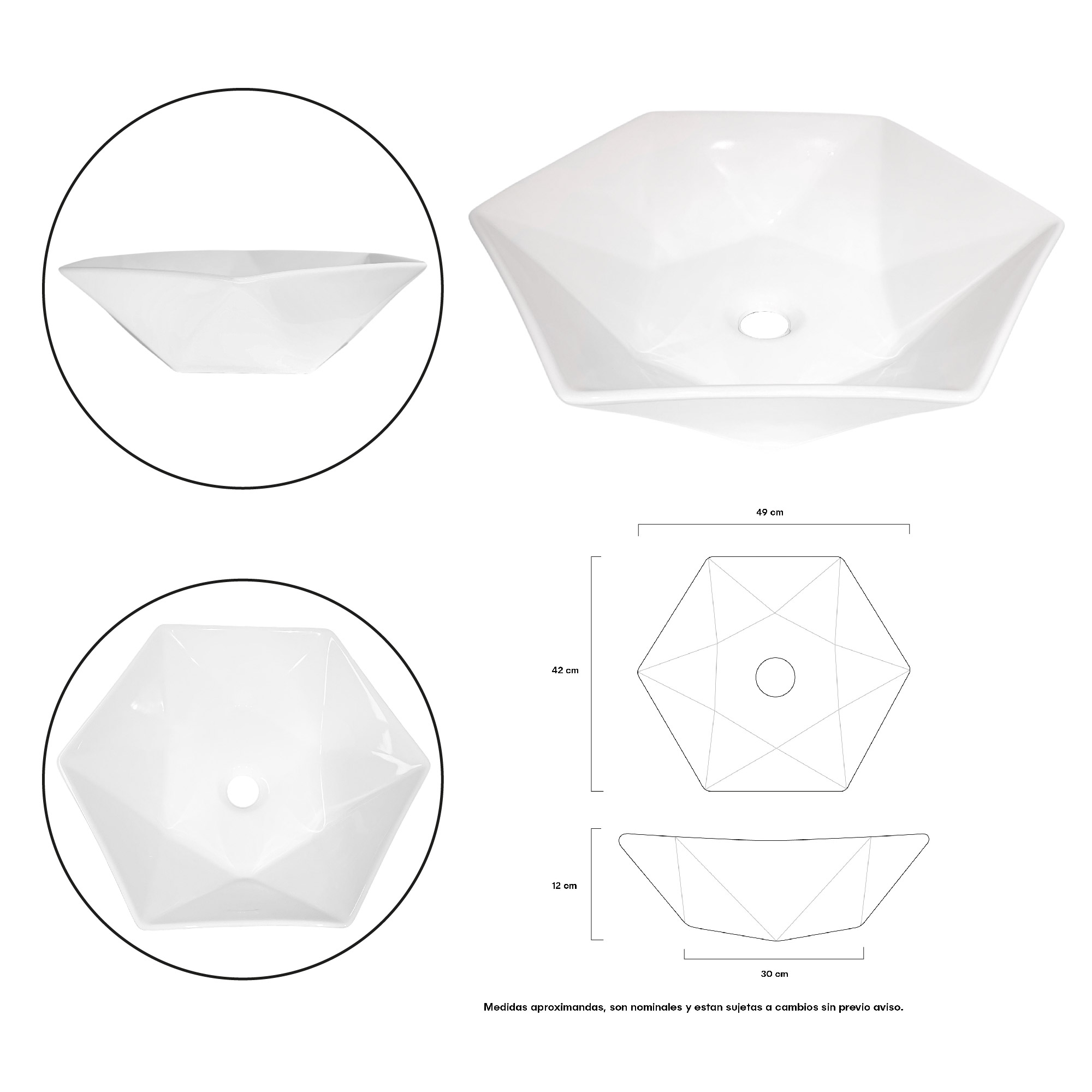 Combo Push + Sifon En Pvc + Lavamanos Hexagonal Blanco 