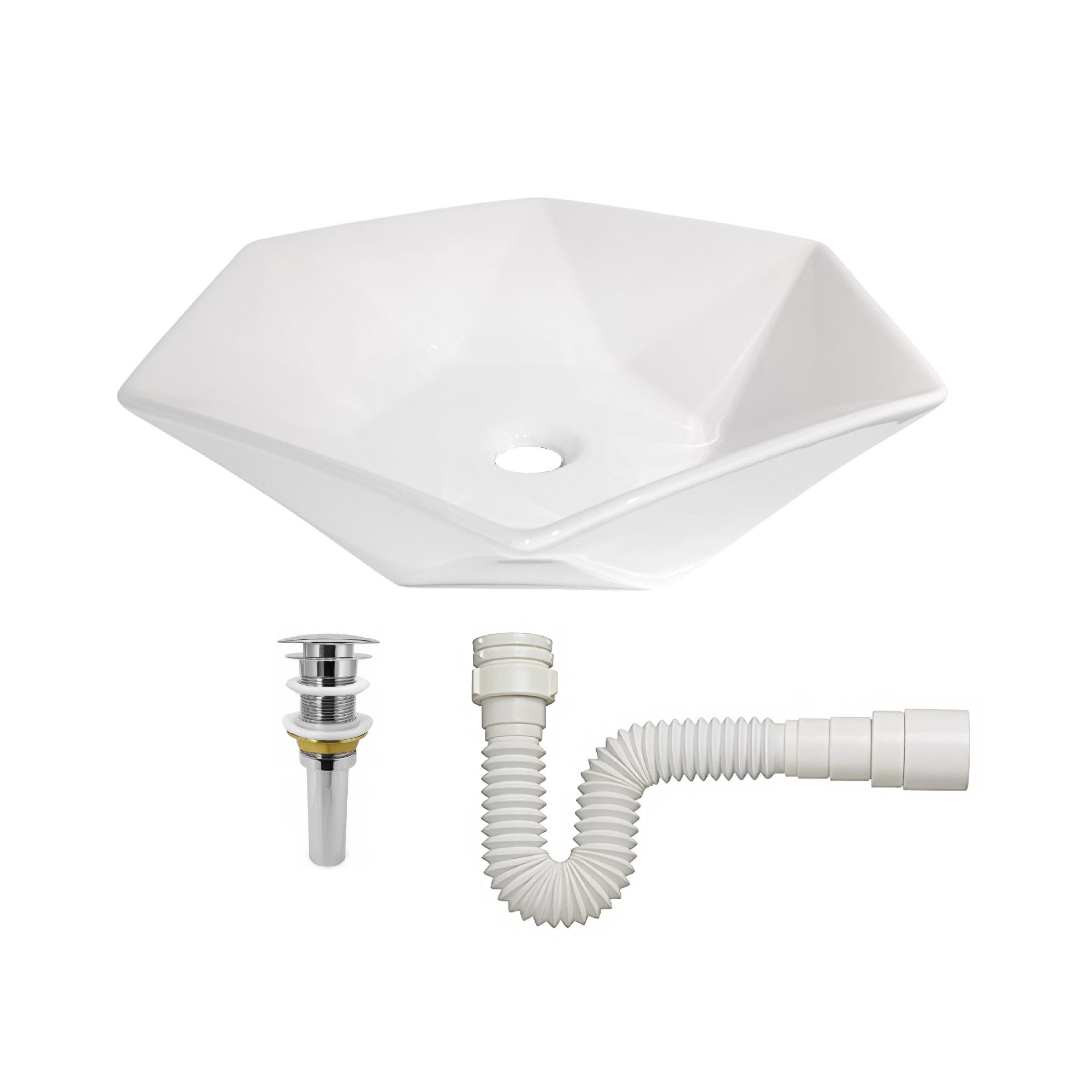 Combo Push + Sifon En Pvc + Lavamanos Hexagonal Blanco 