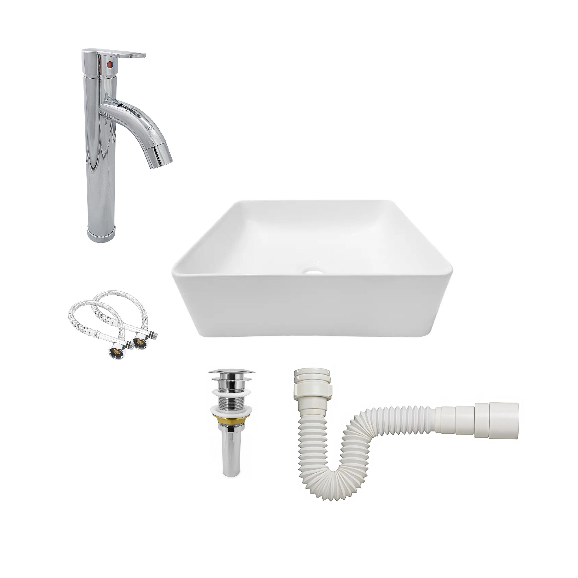 Combo Lavamanos + Griferia Mezclador Y Desague C1255 Blanco Brillante