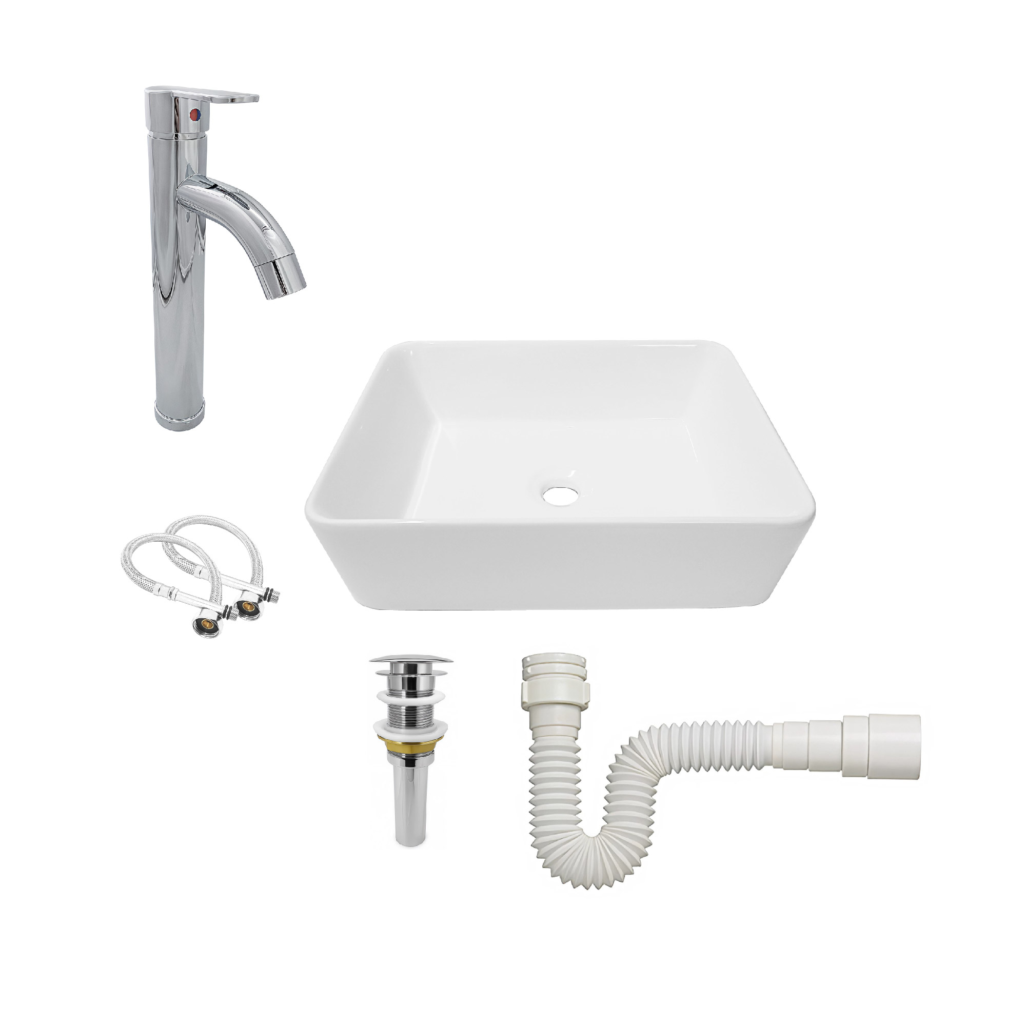 Combo Lavamanos + Griferia Mezclador Y Desague C1256 Blanco Brillante