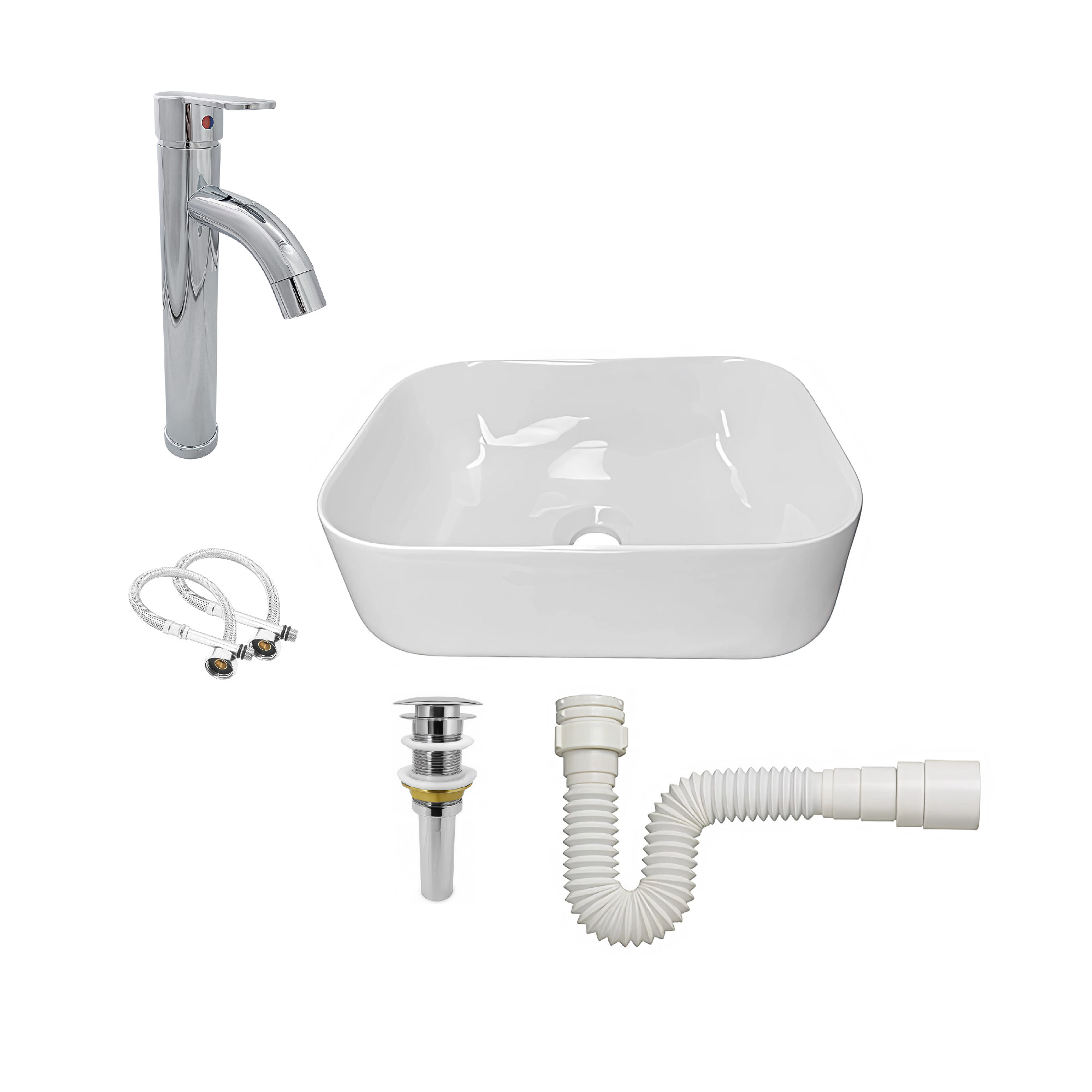 Combo Lavamanos + Griferia Mezclador Y Desague C1257 Blanco Brillante