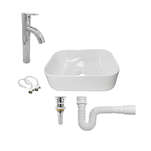 Combo Lavamanos + Griferia Mezclador Y Desague C1257 Blanco Brillante