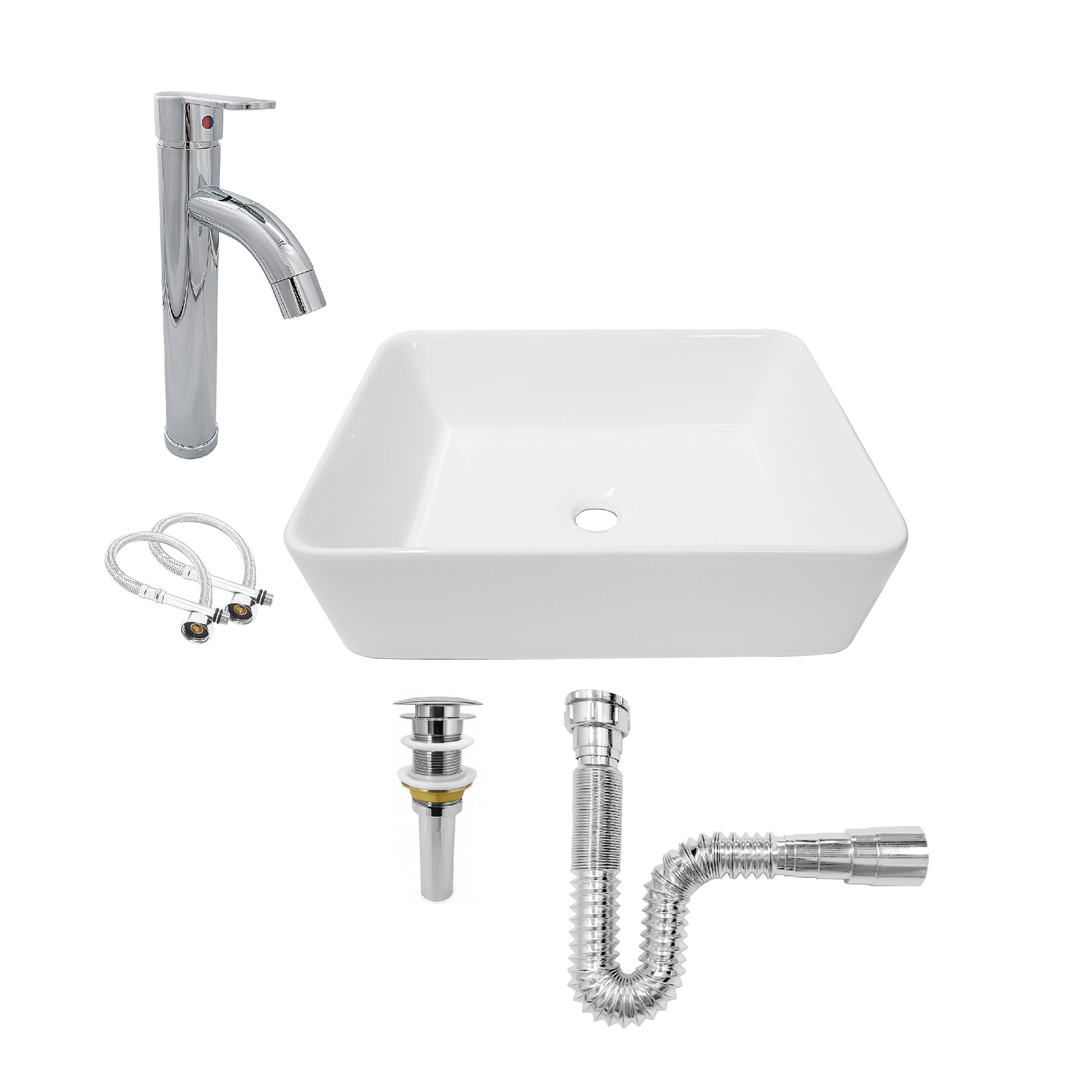 Combo Lavamanos + Griferia Mezclador Y Desague C1258 Blanco Brillante