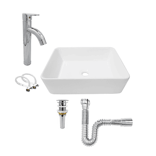 Combo Lavamanos + Griferia Mezclador Y Desague C1258 Blanco Brillante