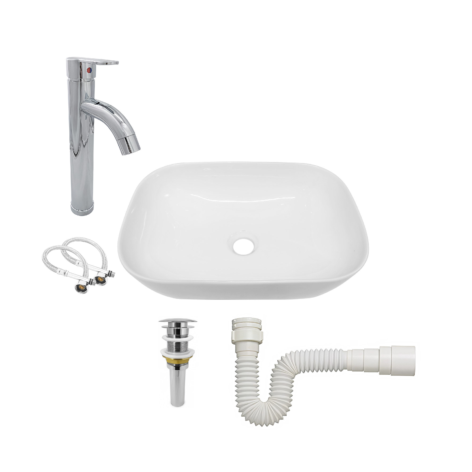 Combo Lavamanos + Griferia Mezclador Y Desague C1259 Blanco Brillante