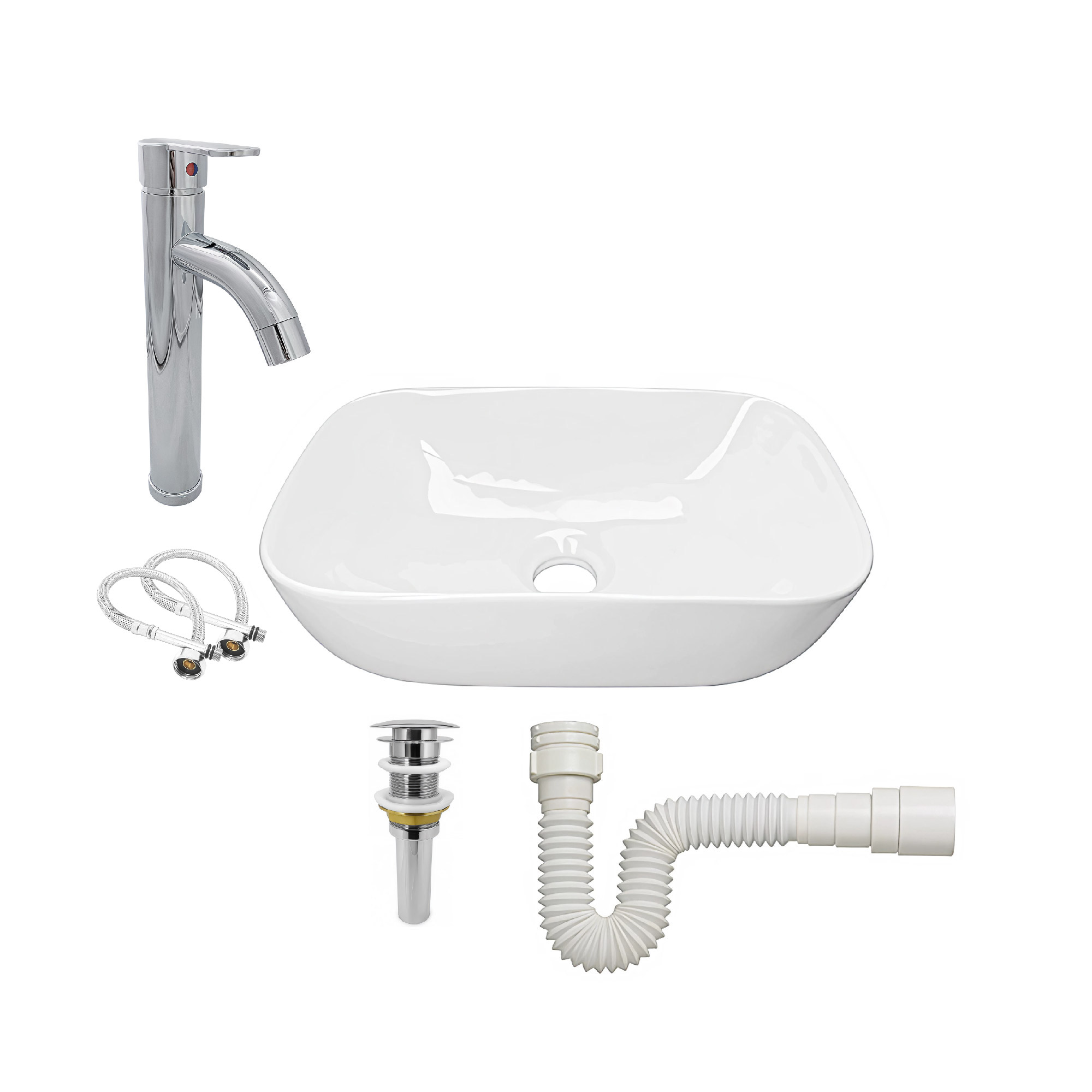 Combo Lavamanos + Griferia Mezclador Y Desague C1260 Blanco Brillante