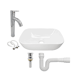 Combo Lavamanos + Griferia Mezclador Y Desague C1260 Blanco Brillante