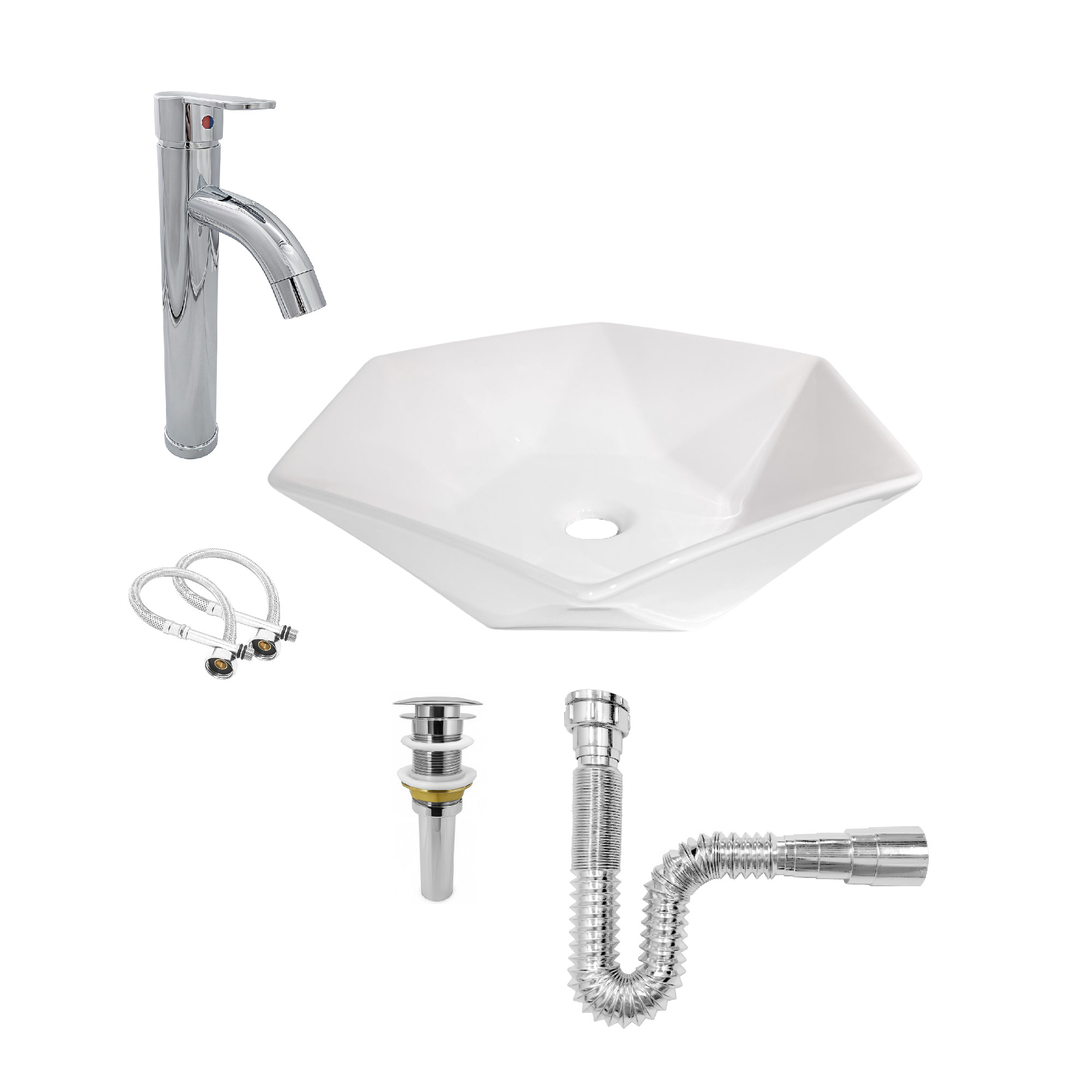 Combo Lavamanos + Griferia Mezclador Y Desague C1262 Blanco Brillante