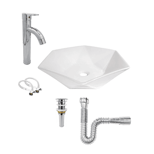 Combo Lavamanos + Griferia Mezclador Y Desague C1262 Blanco Brillante