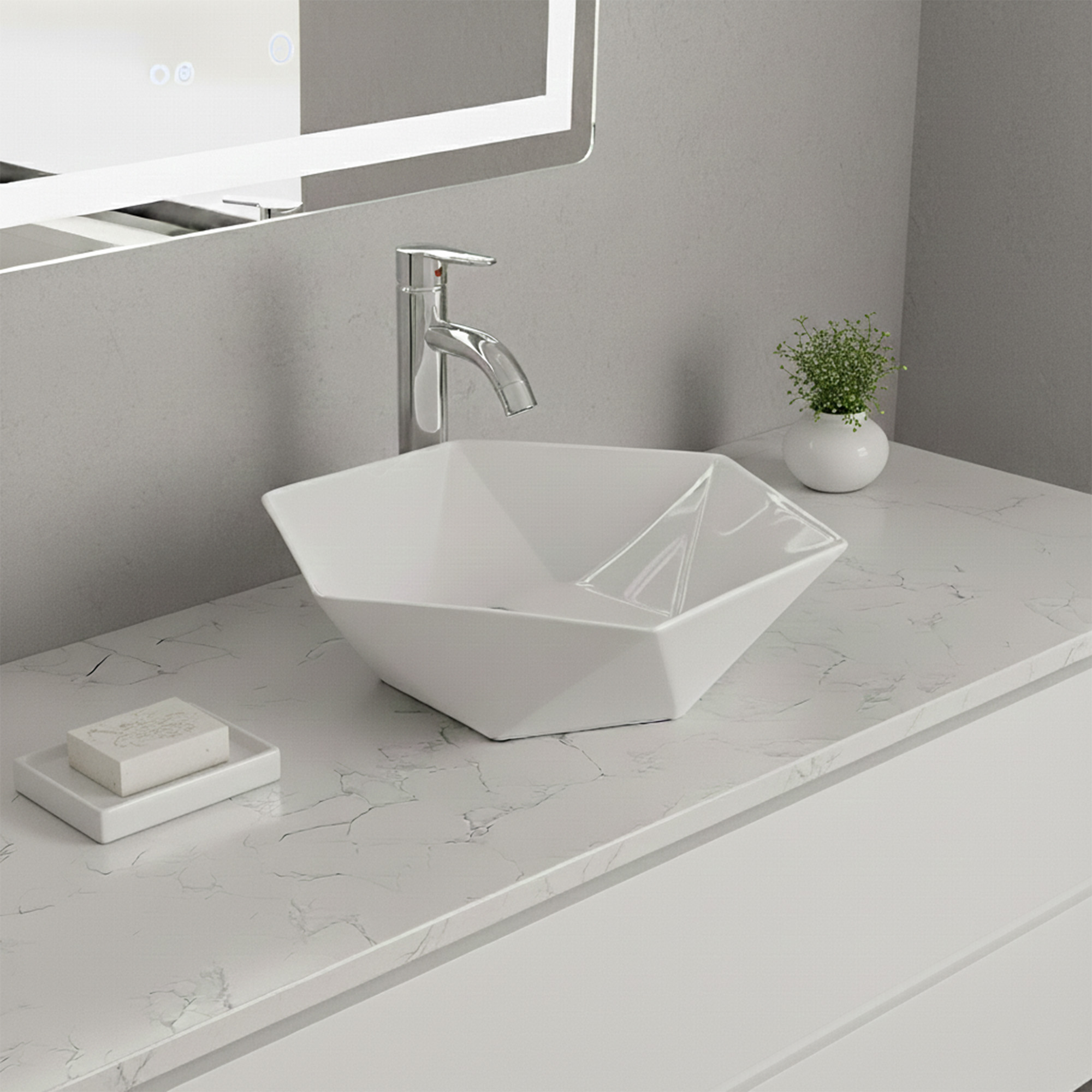 Combo Lavamanos + Griferia Mezclador Y Desague C1262 Blanco Brillante