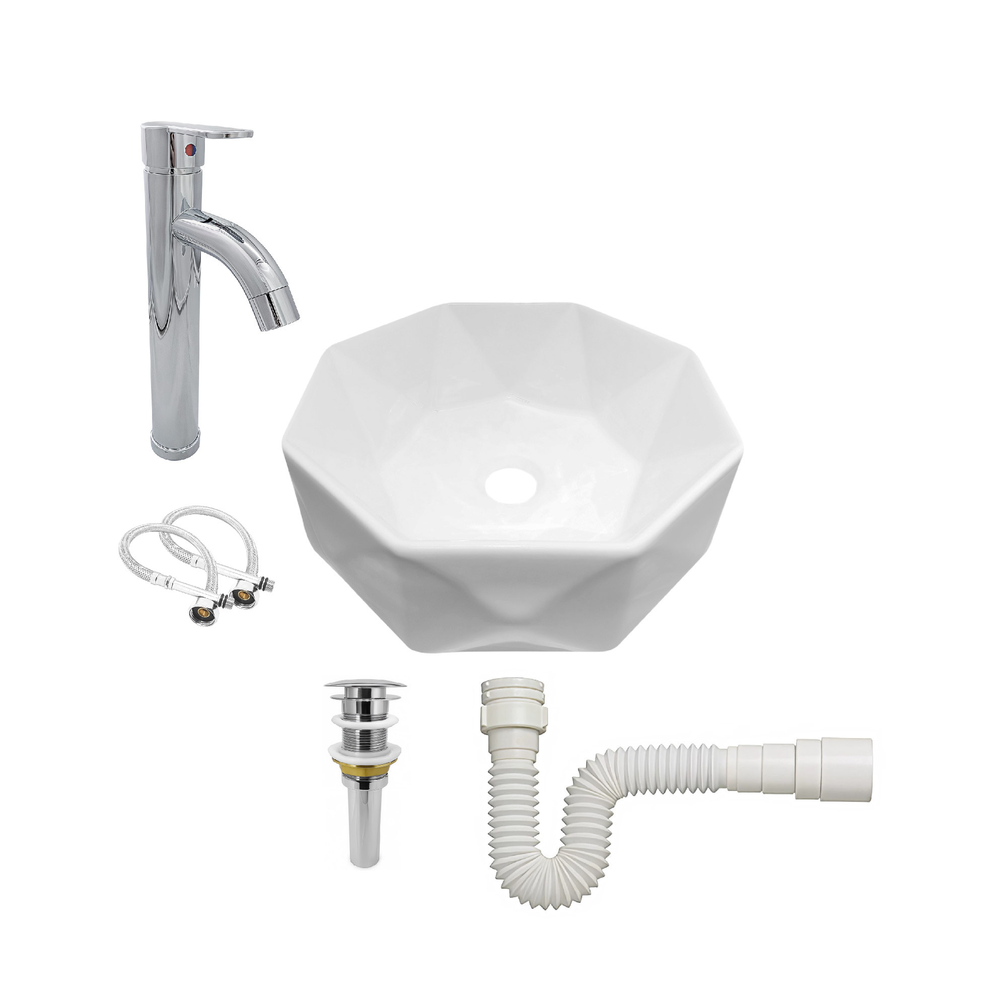 Combo Lavamanos + Griferia Mezclador Y Desague C1264 Blanco Brillante