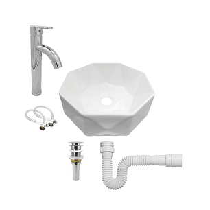 Combo Lavamanos + Griferia Mezclador Y Desague C1264 Blanco Brillante