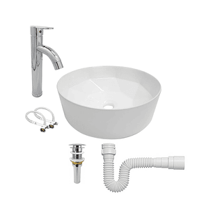 Combo Lavamanos + Griferia Mezclador Y Desague C1265 Blanco Brillante