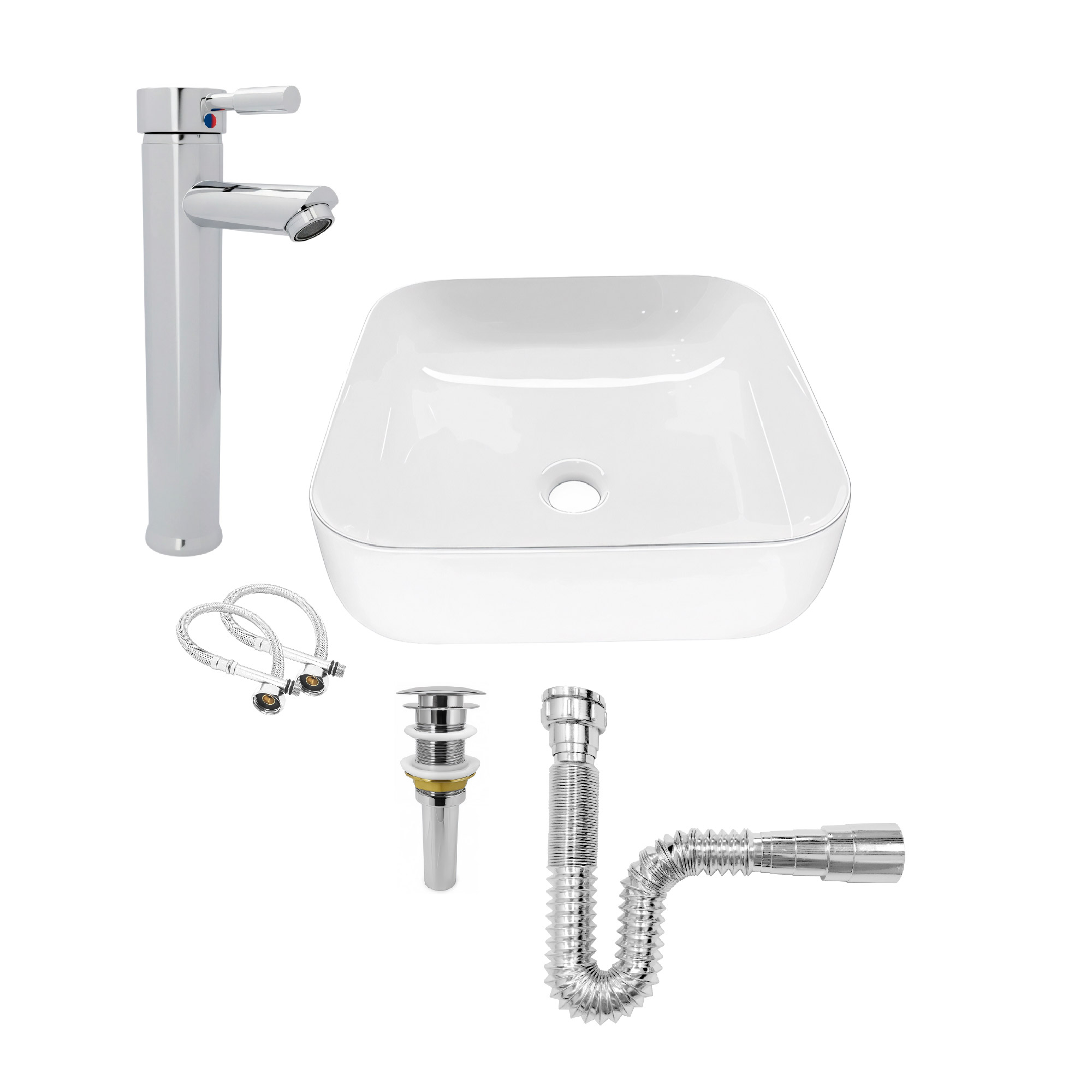 Combo Lavamanos Cuadrado + Griferia Mezclador Cromado C1106