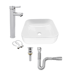 Combo Lavamanos Cuadrado + Griferia Mezclador Cromado C1106