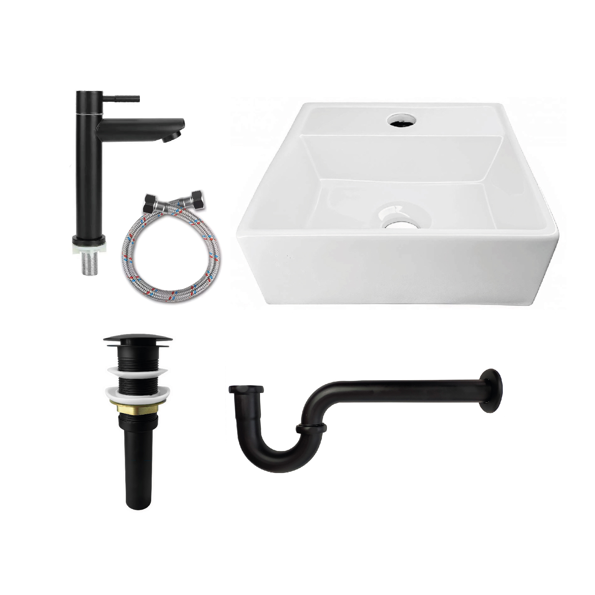 Combo Lavamanos Rectangular+ Griferia Agua Fría Negro C1009