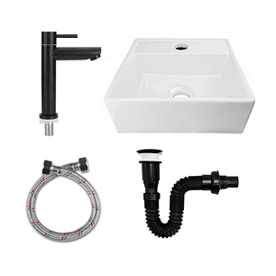Combo Lavamanos Rectangular+ Grifería Agua Fría Negro C1010