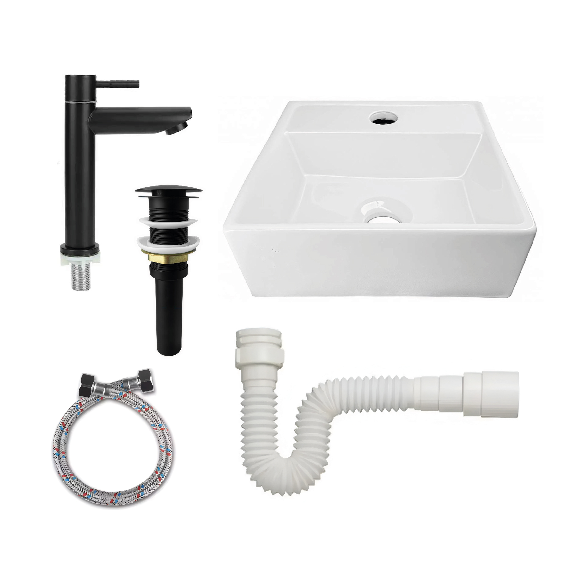 Combo Lavamanos Rectangular+ Grifería Agua Fría Negro C1011