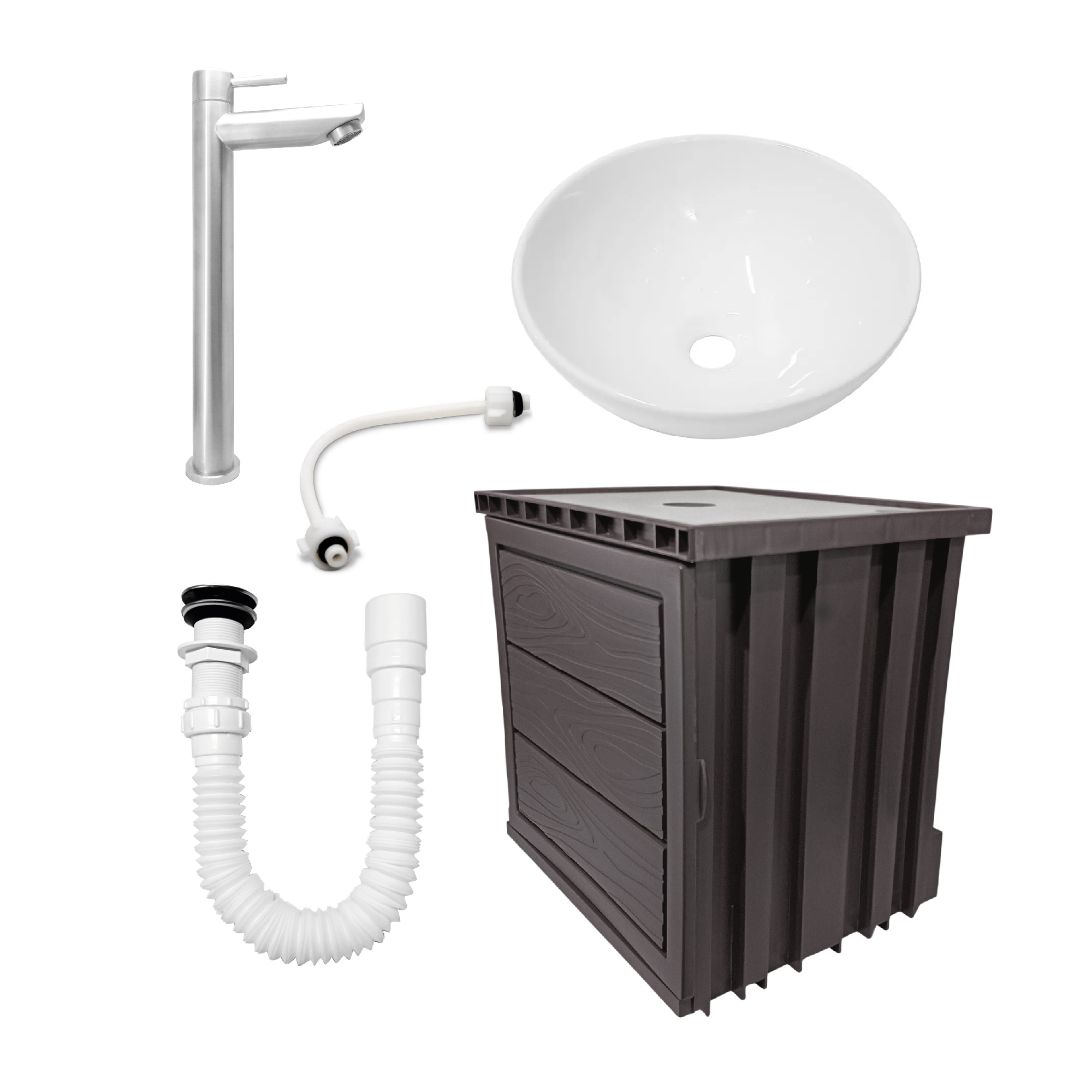 Kit Mueble Marrón Pvc + Lavamanos + Griferia C1157