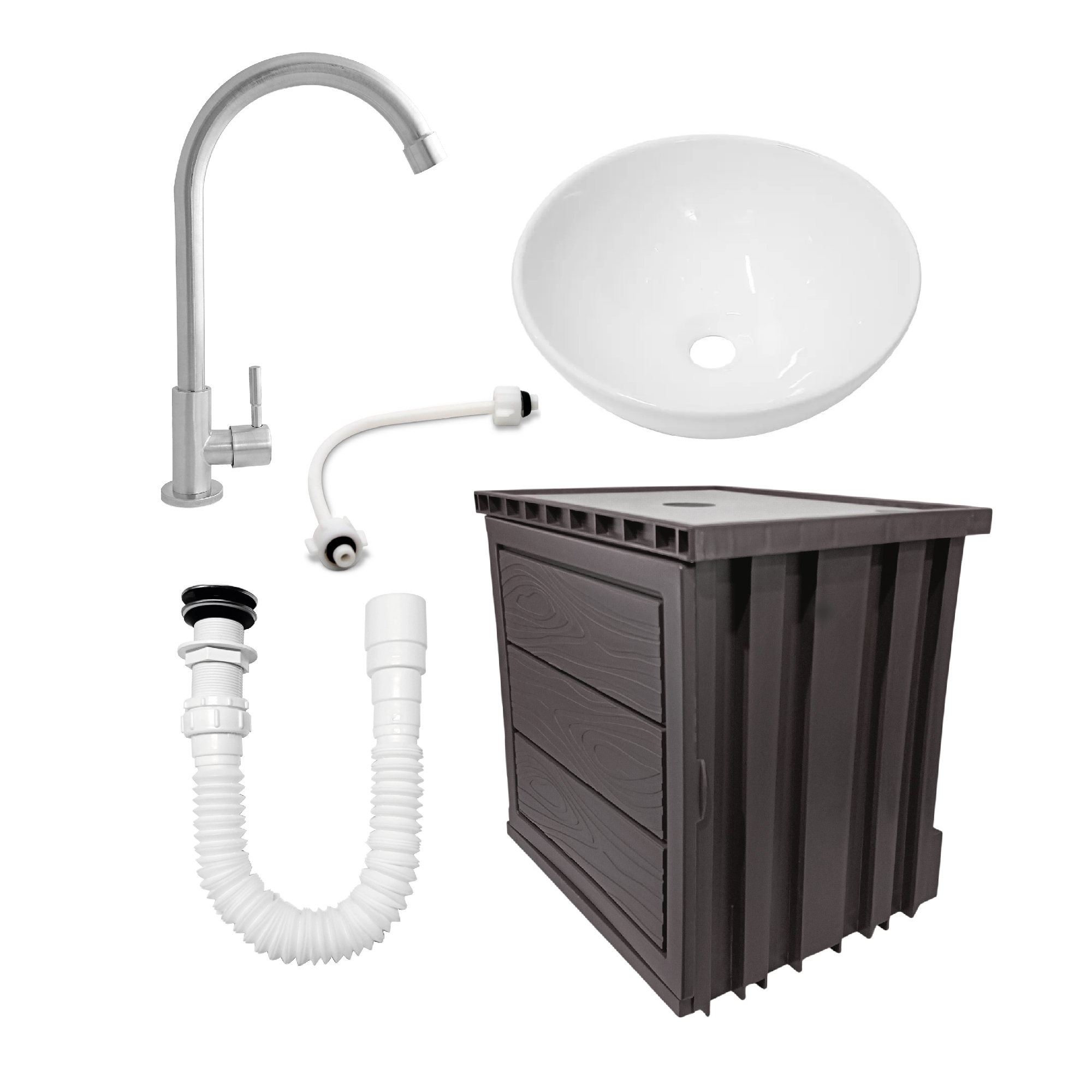 Kit Mueble Marrón Pvc + Lavamanos + Griferia C1159