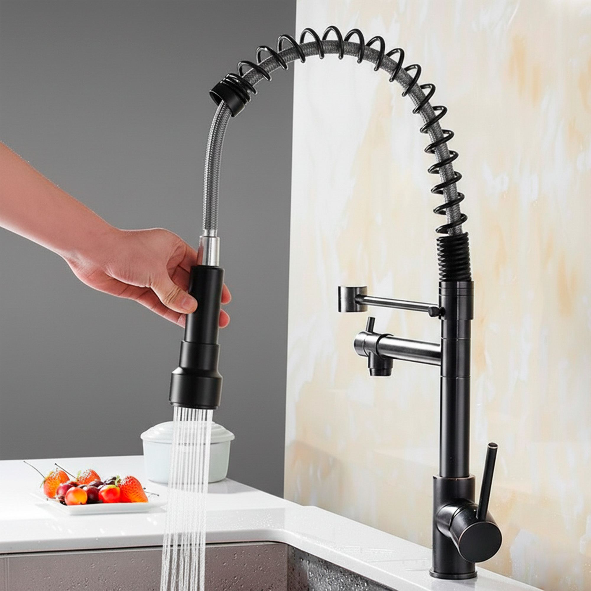 Griferia Lavaplatos Profesional Cuello Flexible Doble Grifo Negro