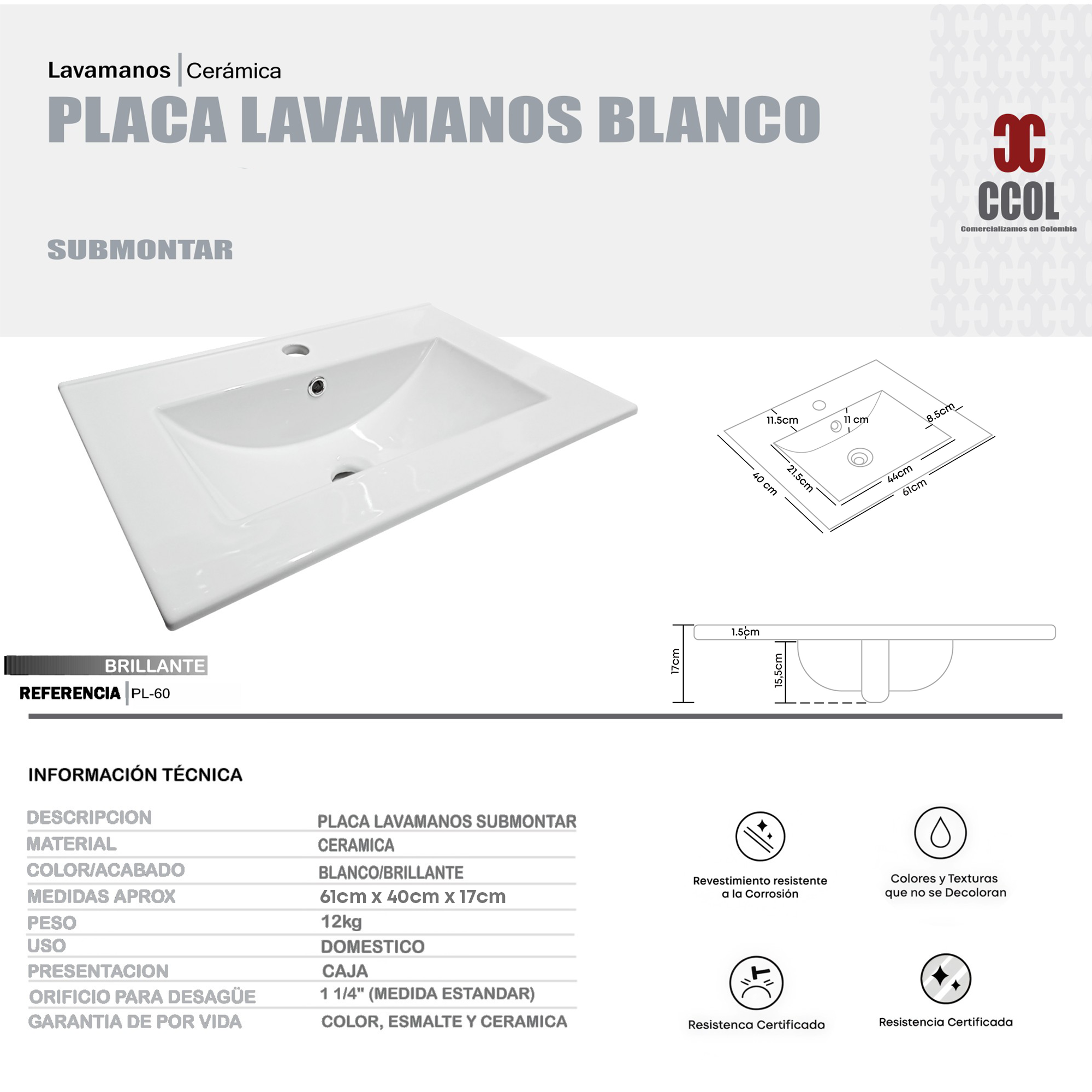Placa Lavamanos Blanco Submontar PL-60