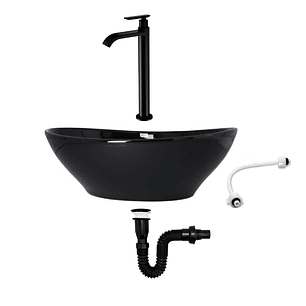 Combo Lavamanos Negro + Griferia Agua Fria + Accesorios C752