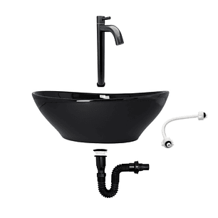 Combo Lavamanos Negro + Griferia Agua Fria + Accesorios C753