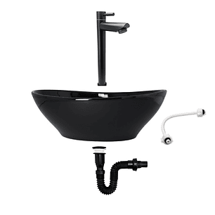 Combo Lavamanos Negro + Griferia Agua Fria + Accesorios C754