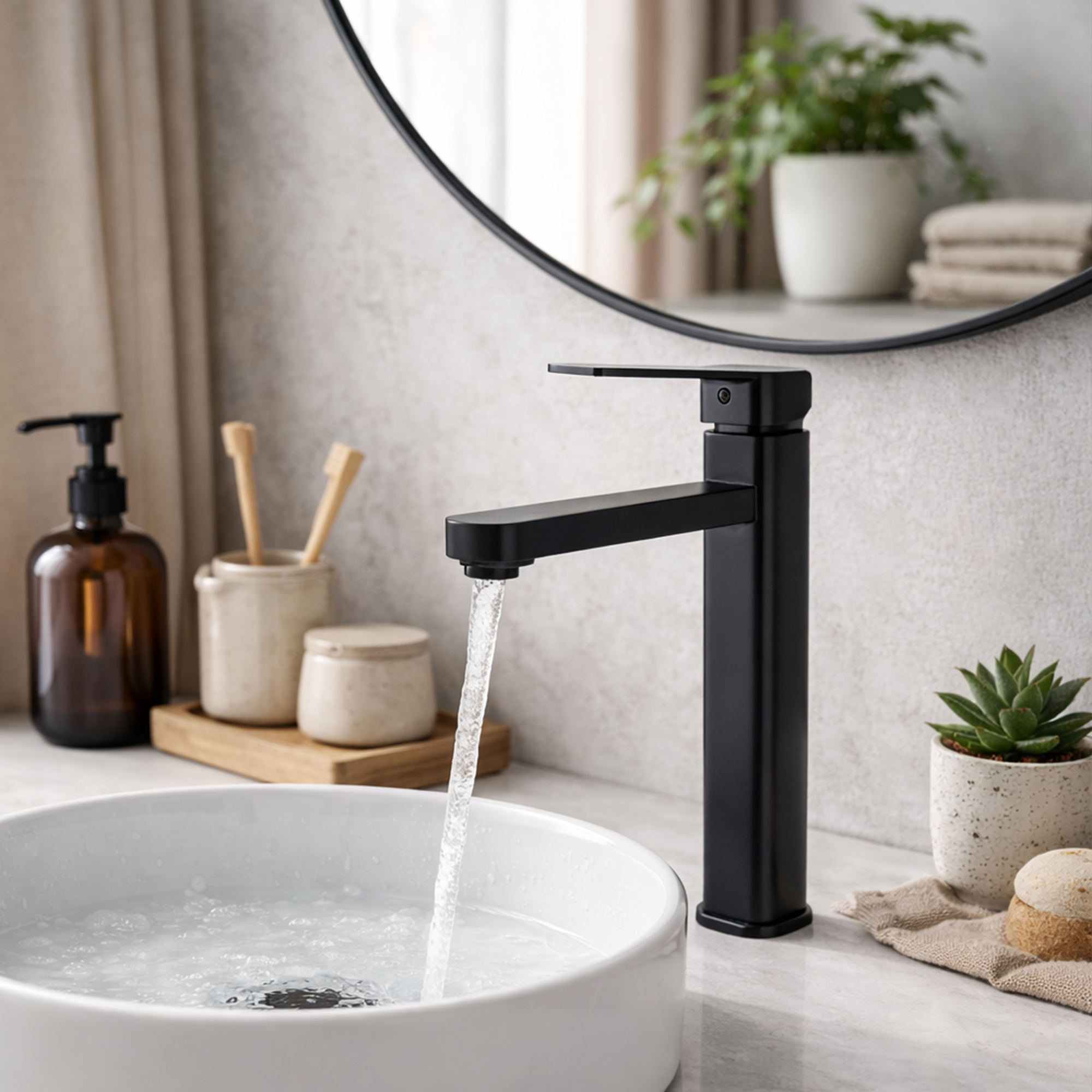 Grifería Lavamanos Poste Alto Mezclador Pico Plano Negro