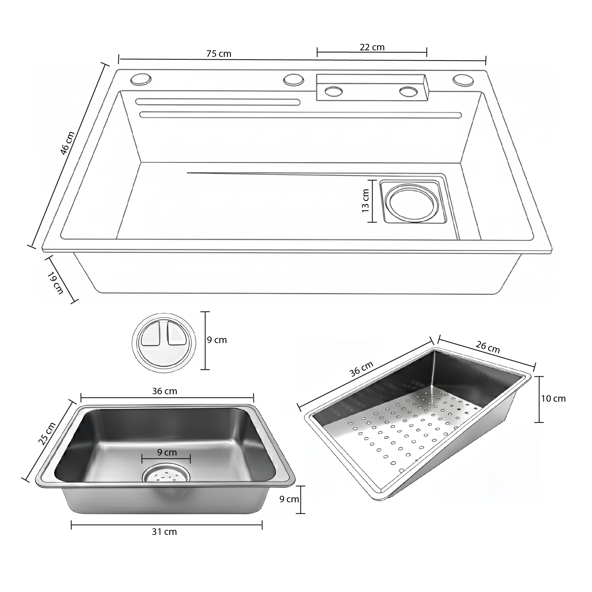 Lavaplatos Negro Acero Inox Con Grifería + Accesorios